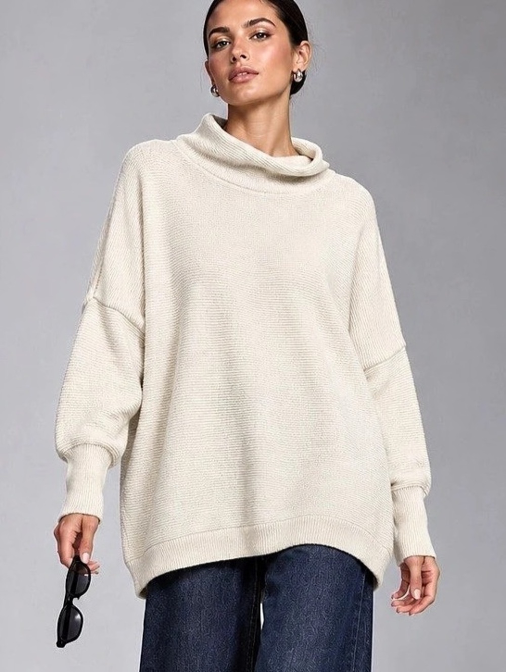 Free People Ottoman Slouchy Tunic Ivory Oversized Ribbed Sweater